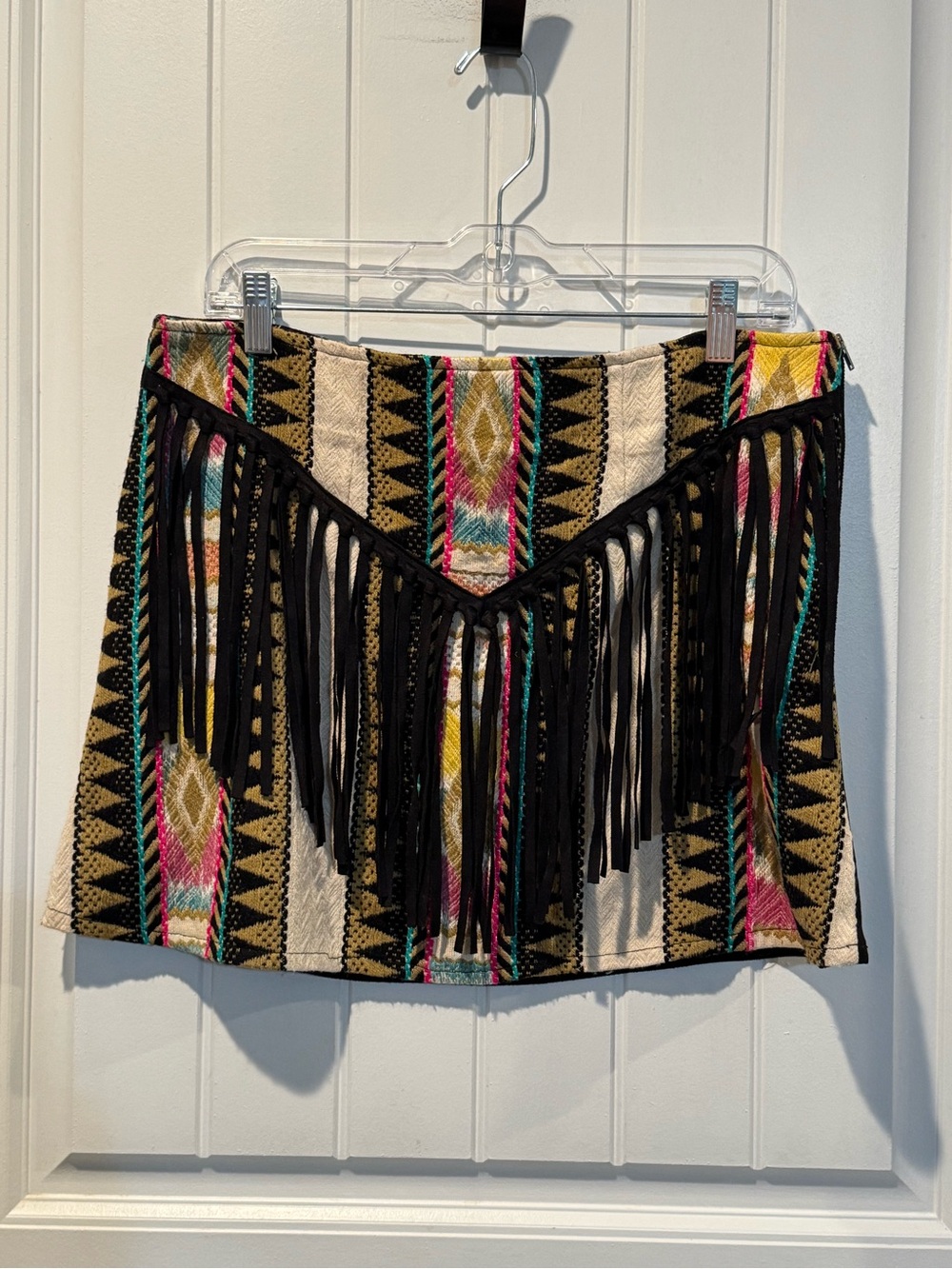 Judith March Black Fringe Aztec Mini Skirt with Multi-Color Pattern